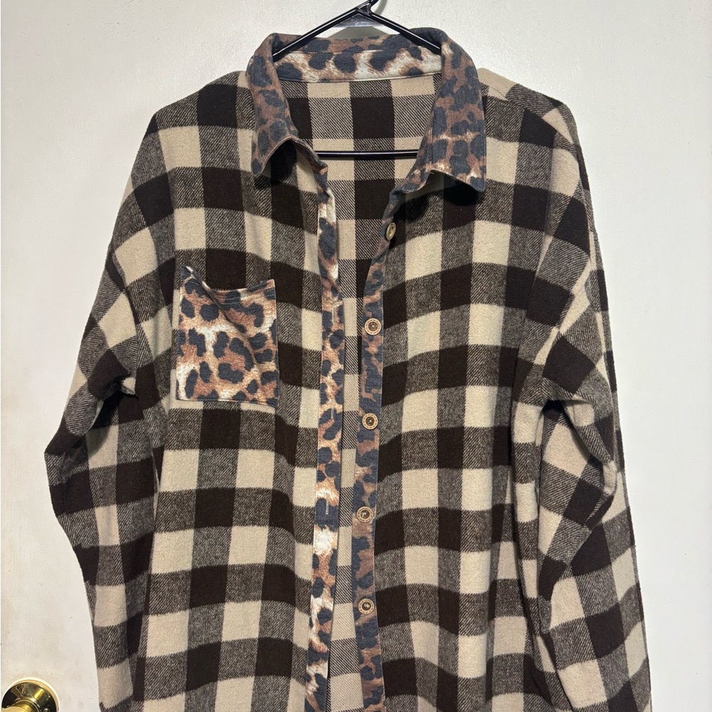 Plaid and Leopard Print Button-Up Shirt